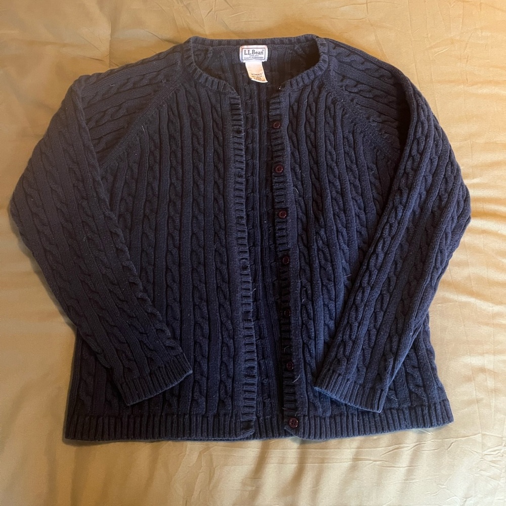 Vintage LL Bean Cable Knit Cardigan Sweater, Large, Navy